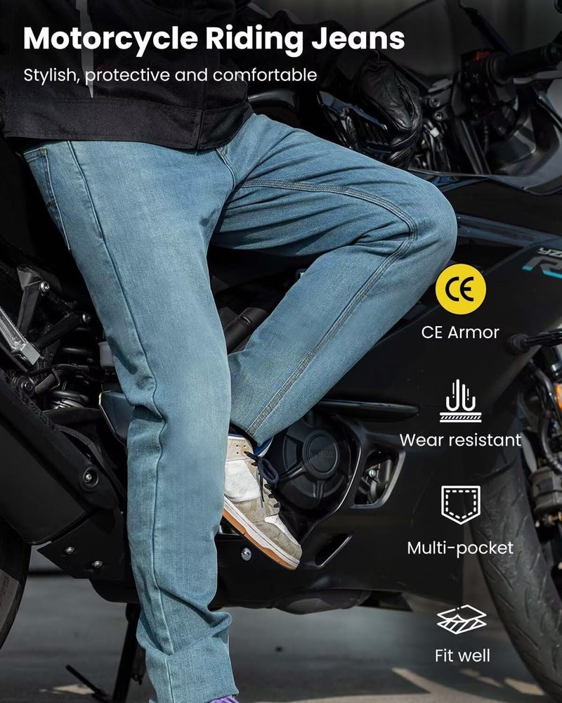 ILM Motorcycle Riding Pants for Men CE Armored Motorbike Jeans Adventure Touring Motocross All Season Model PJN1(Light Blue) - Image 2